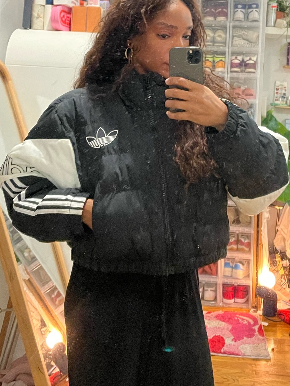 adidas Black and White Cropped Bomber ski Jacket